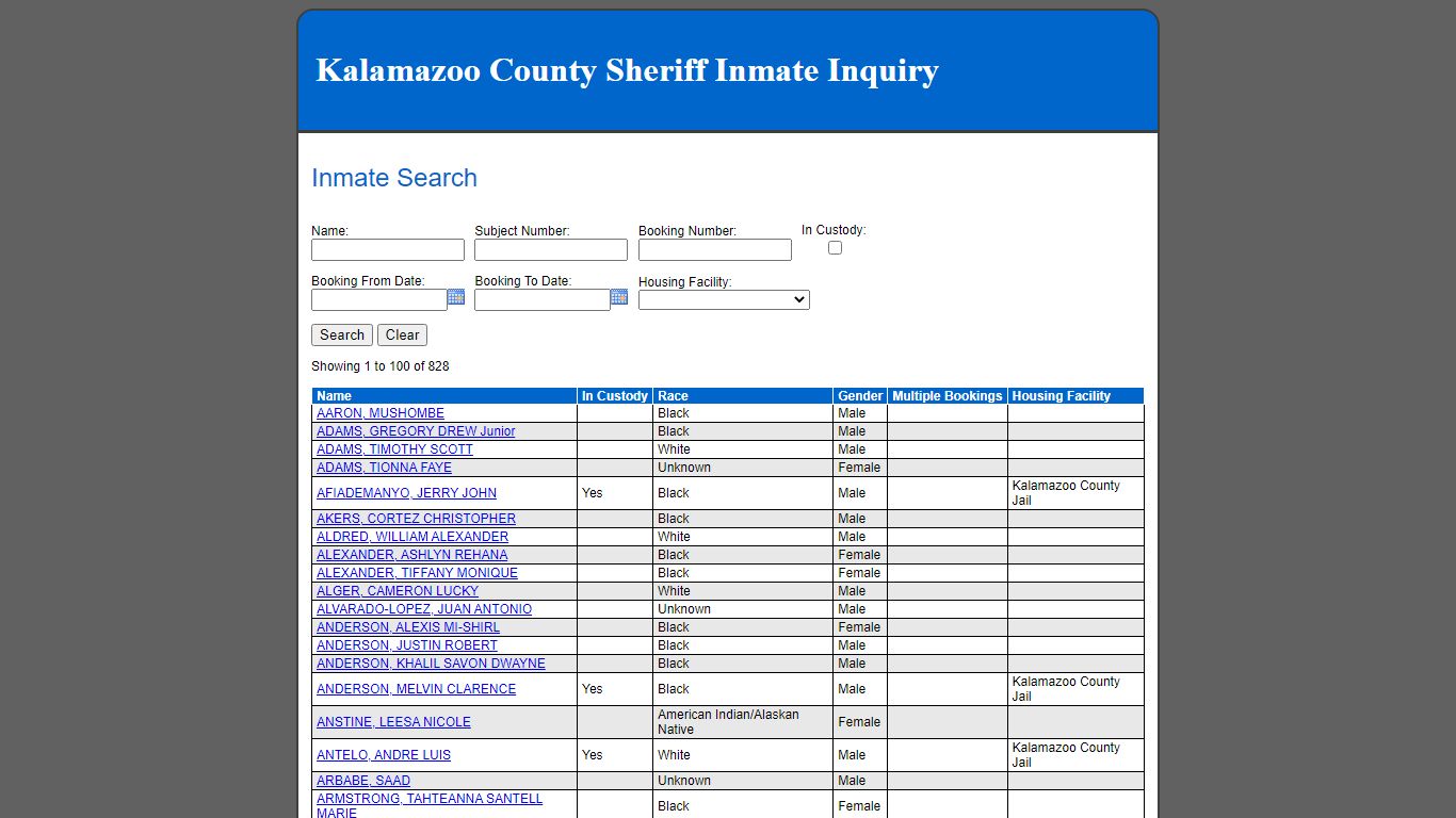 Inmate Search - Kalamazoo County County Consolidated Dispatch