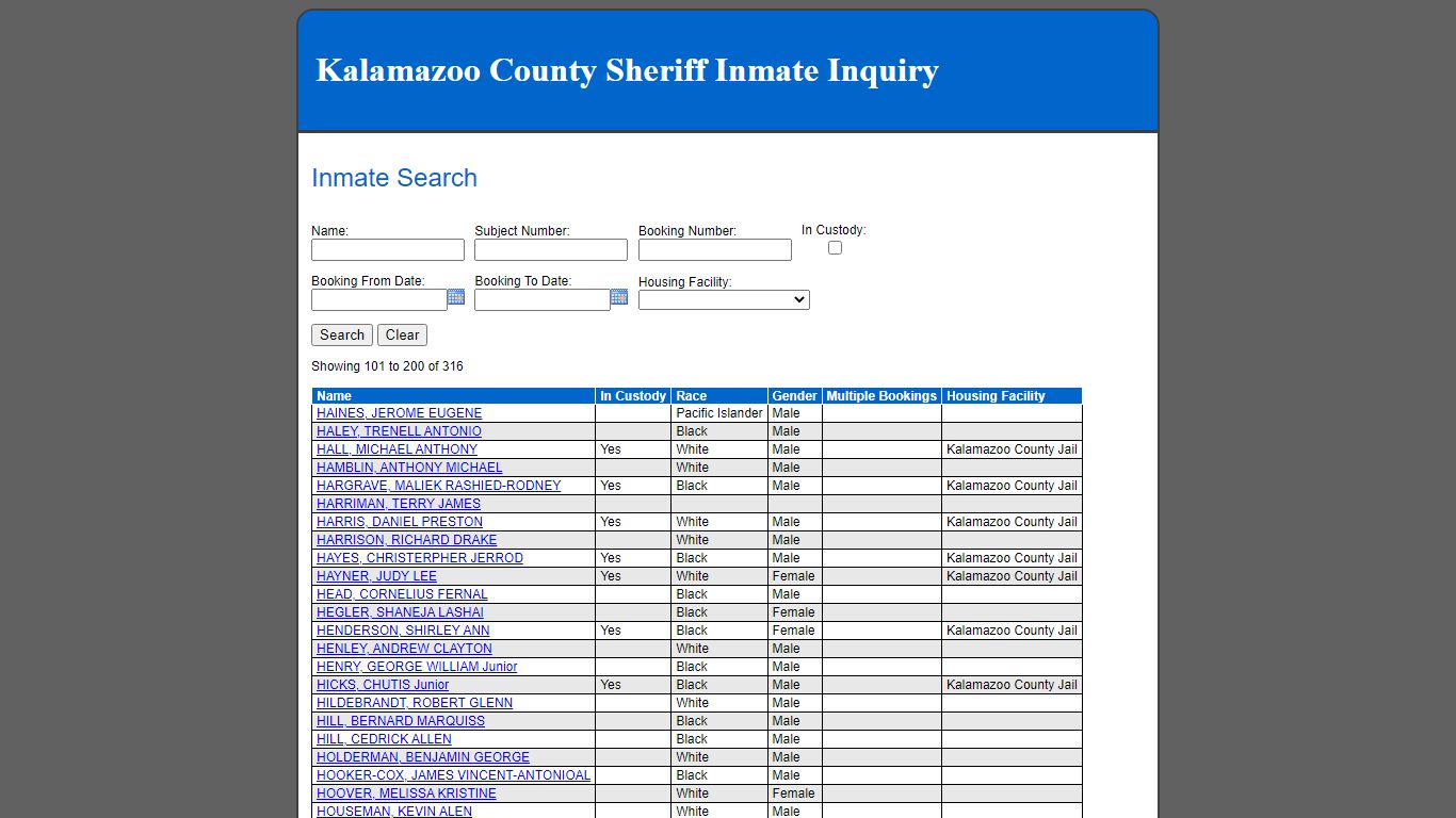 Inmate Search - Kalamazoo County County Consolidated Dispatch