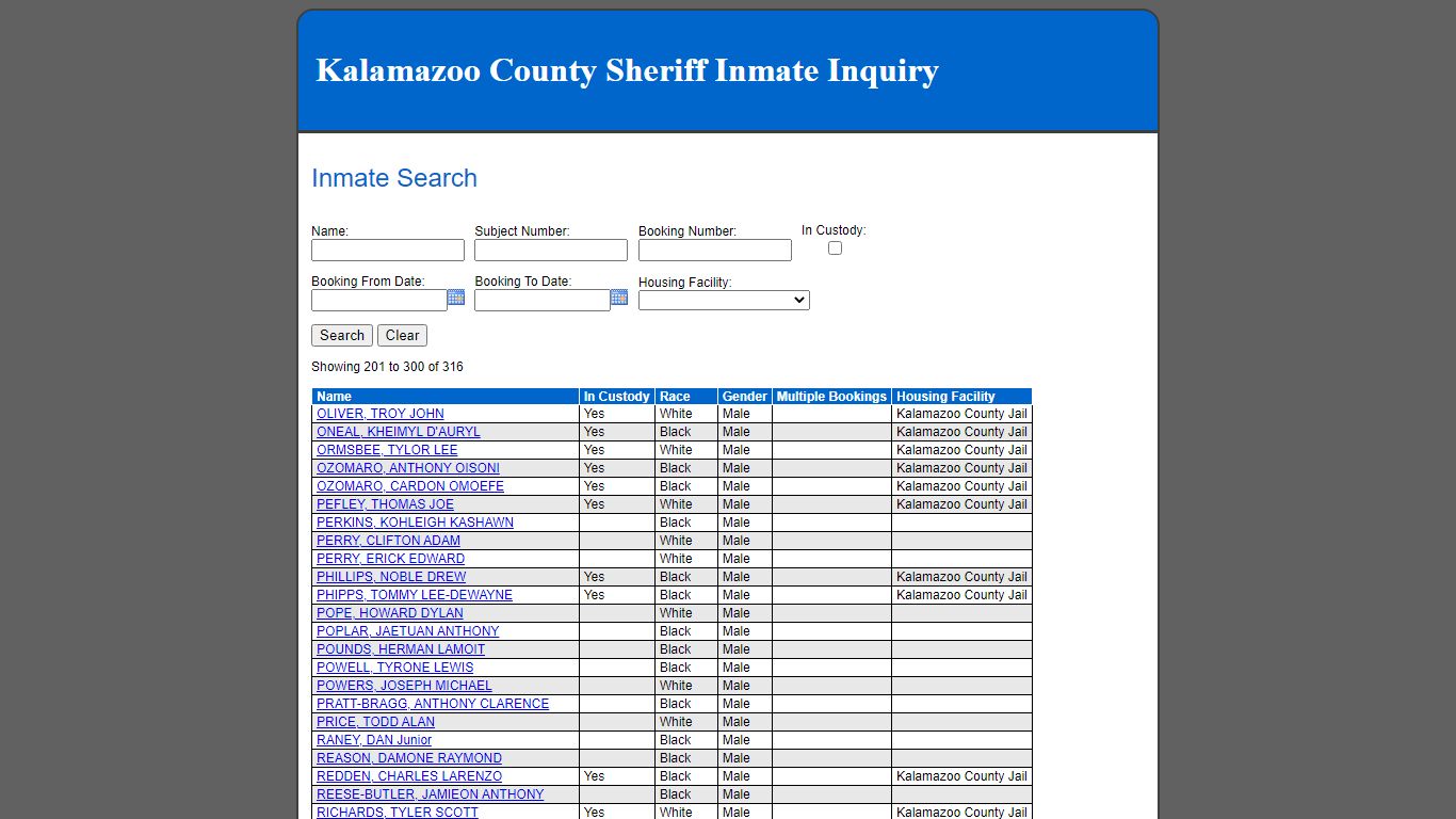 Inmate Search - Kalamazoo County County Consolidated Dispatch